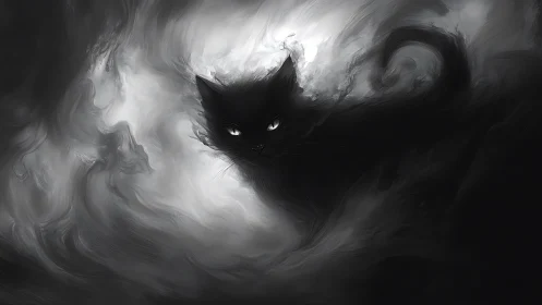 Midnight phantom cat glides through swirling silver fog