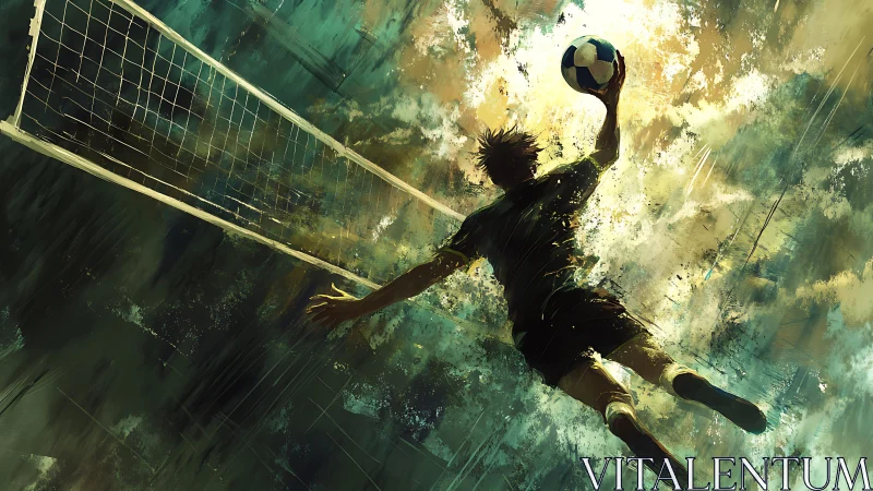 Volleyball player dives midair toward net holding blue ball