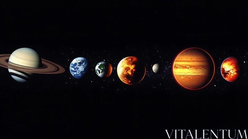 Planets aligned in cosmic row within deep black space