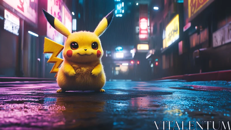 Pikachu stands on neon city street under soft night rain