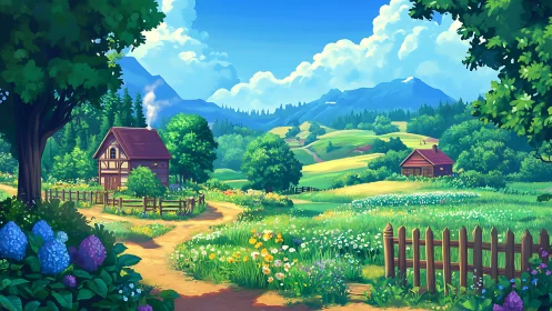 Sunlit rural cottages overlook vibrant summer valley fields.