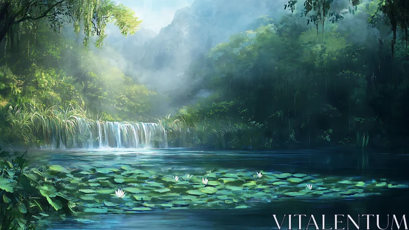 Whispering waterfall cradled by misty emerald forest dream.
