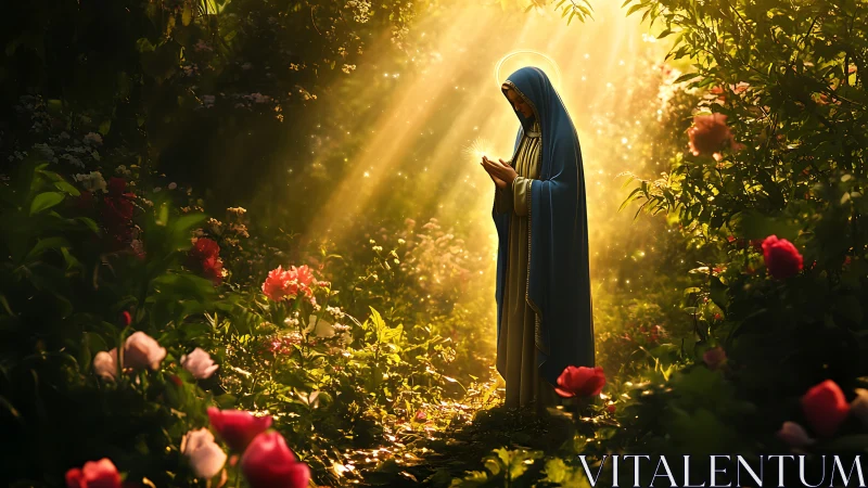 Praying robed woman with halo in sunlit flower garden.