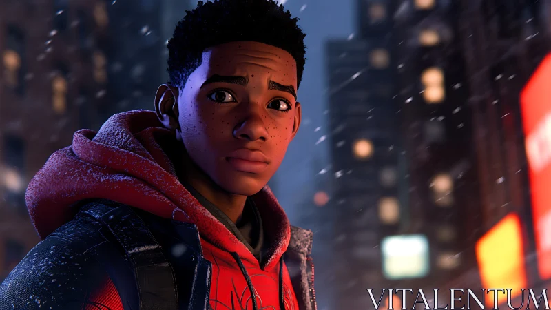 Animated teen in winter city street with snowfall at night.