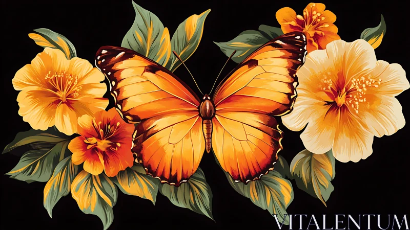 Golden butterfly rests softly among glowing hibiscus blooms