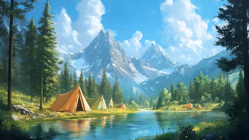 Sunlit mountain campground mirrored in glassy river calm.