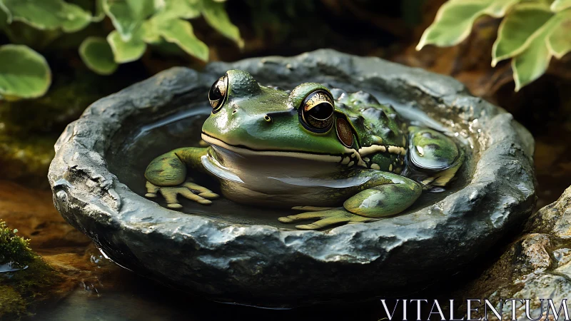 Green frog resting in shallow stone water basin outdoors.