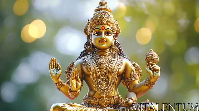 Golden serene deity statue glowing in soft garden light.