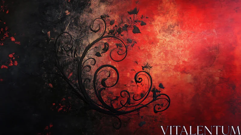 Dark floral scrollwork over red textured gradient background.