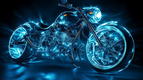 Neon cyber chopper glows with electric blue energy.