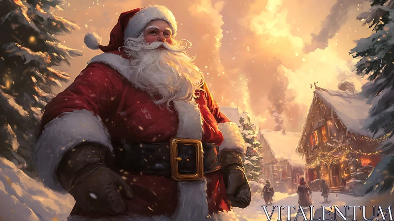 Santa figure in snowy village street with warm lighting.