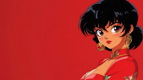 Confident anime heroine in red cheongsam on bold backdrop.