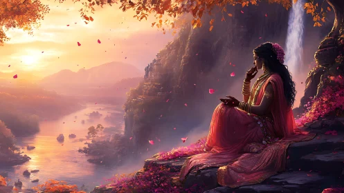 Serene river sunset embraces a regal woman in rose silk