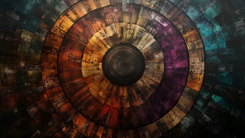 Concentric circular mosaic displays multicolored musical notation