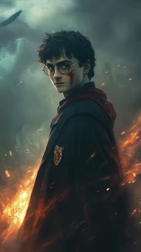 Young wizard stands defiant amid swirling fire and smoke