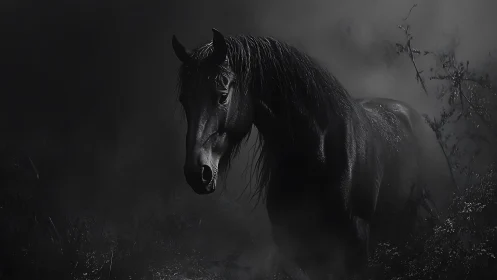 Midnight horse emerging gently from the misty darkness.