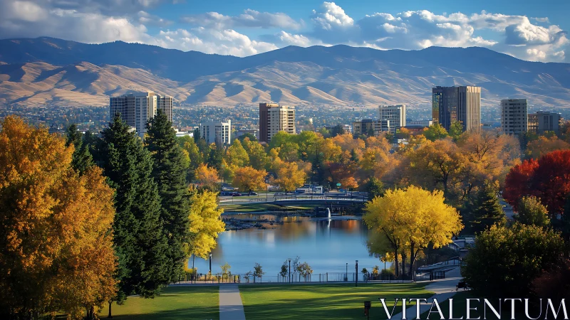 Urban park lake with autumn trees and distant mountain ridge.