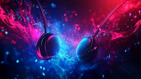 Neon headphones ignite a cosmic collision of liquid sound.