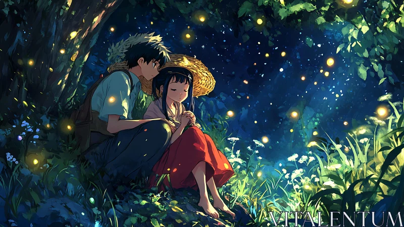 Quiet anime couple resting under glowing fireflies at night.