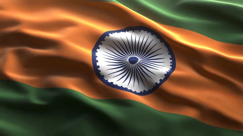 Tricolor flag with central navy blue wheel motif displayed.