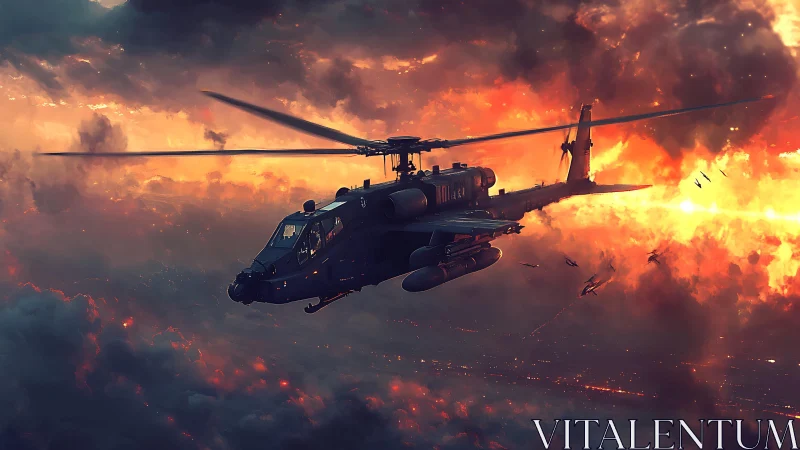 Attack helicopter flies through dense fiery storm clouds