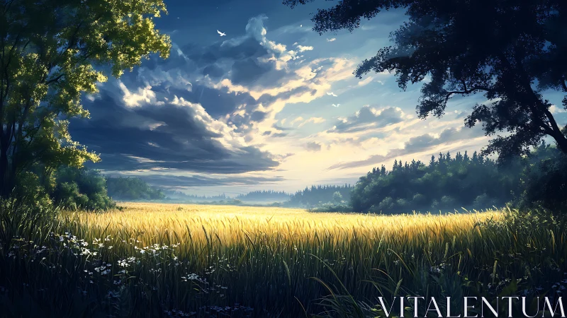 Sunlit meadow opens beneath dramatic evening sky