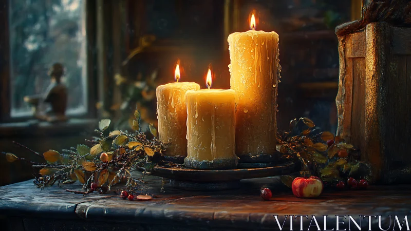 Three burning pillar candles illuminate rustic wooden table