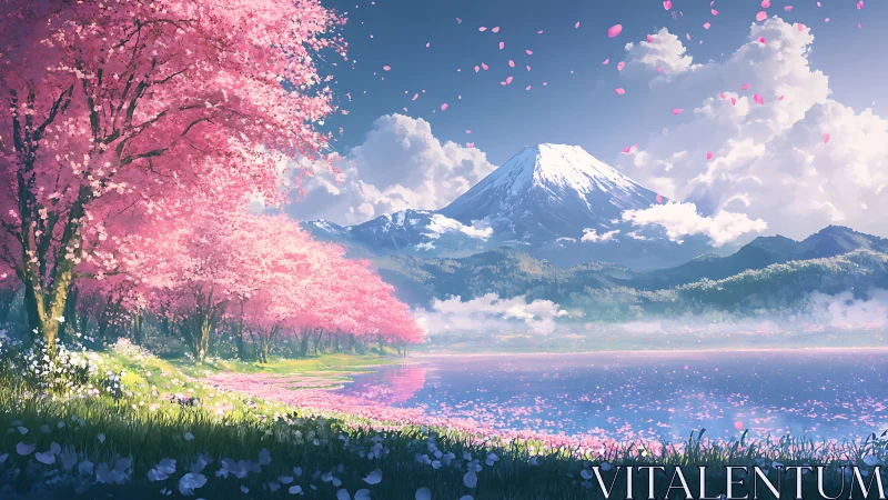 Pink cherry blossom lakeside with distant snow peak view.