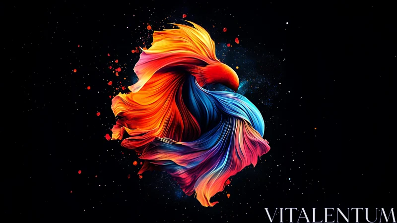 Colorful abstract bird form twists against deep black void