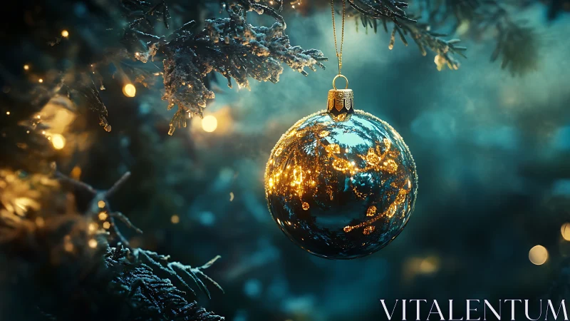 Glistening glass bauble amid frosted fir and warm lights.