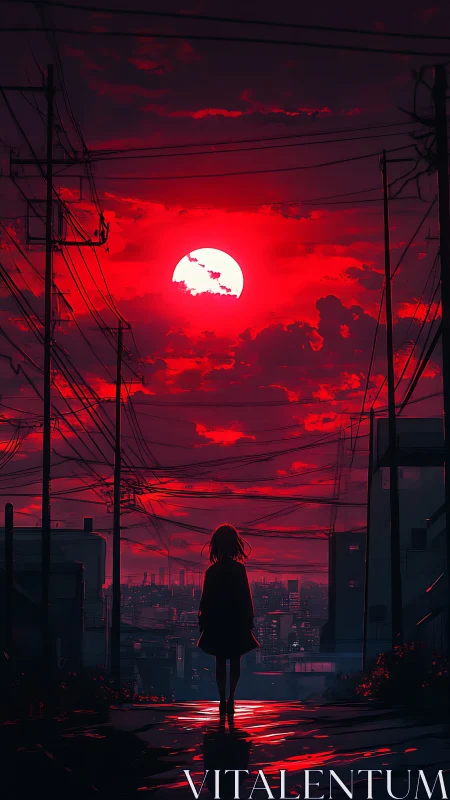 Silhouetted figure observes neon-red city sunset in anime style