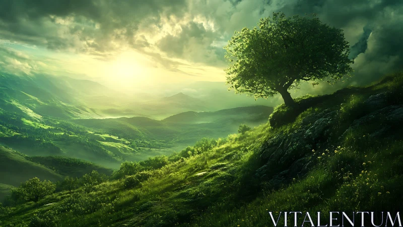 Lone hilltop tree greeting an emerald stormlit sunrise.