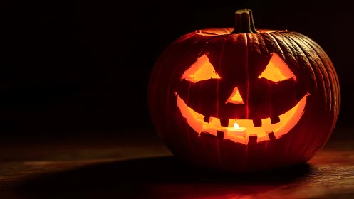 Glowing jack o lantern with carved grin on dark table.