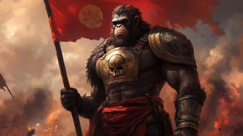 Armored gorilla warrior holds red war banner in battle