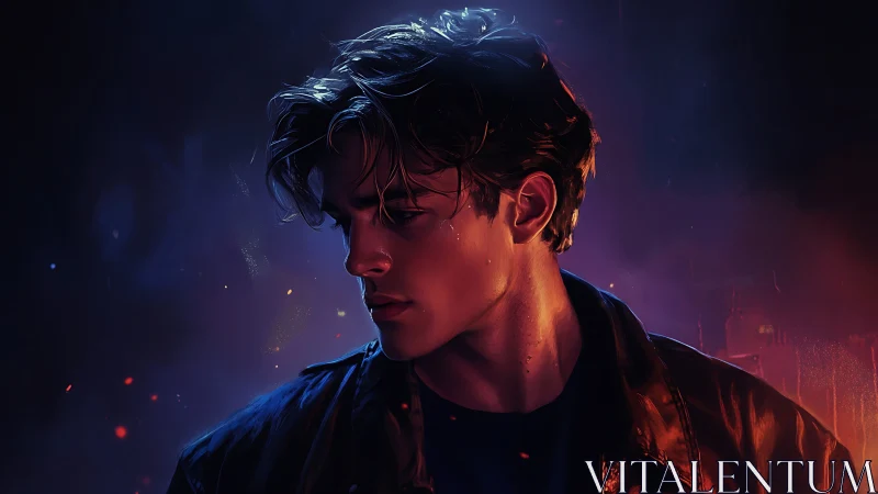 Brooding young man in neon dusk with cinematic side light.