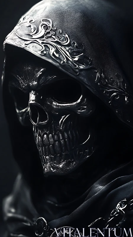 Midnight reaper spirit gazes from a shadowed silver hood