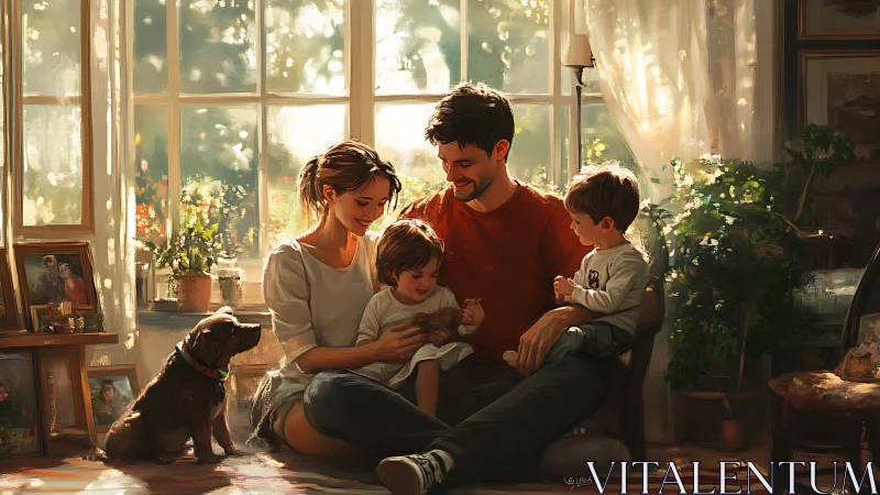 Sunlit family gathers in a warm living room, sharing gentle joy
