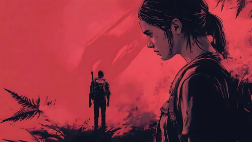 Two quiet survivors share a tense pause in a scarlet world