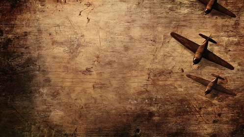 Three model aircraft cast shadows on distressed wood surface