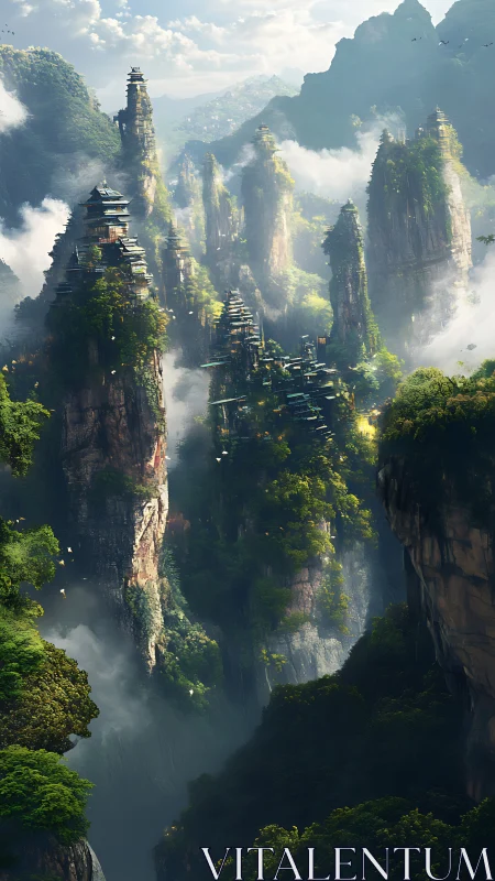Misty mountain temples rise gently above lush emerald valleys