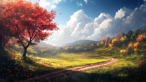 Crimson tree beside a sunlit autumn path under roaming clouds.