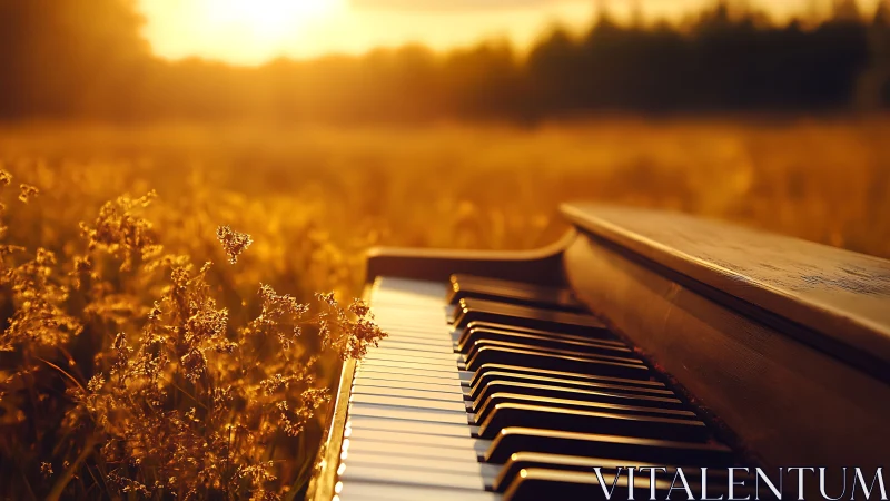 Sunlit piano rests in golden meadow at warm evening glow