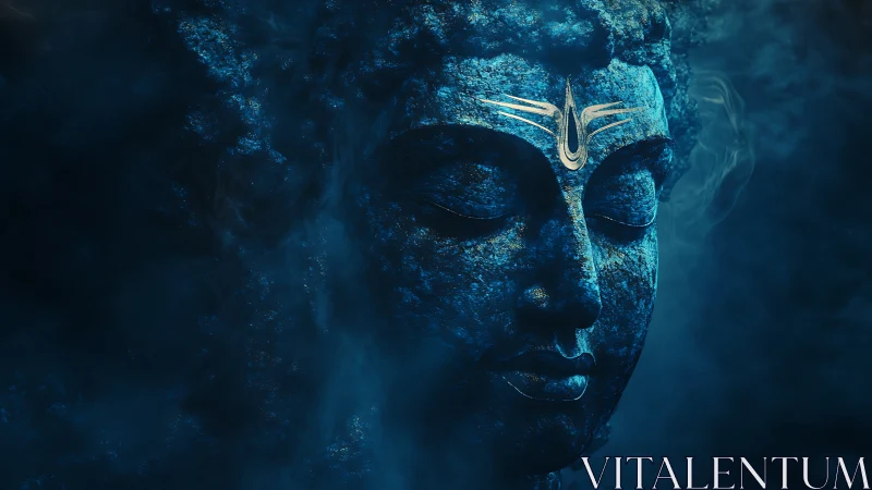 Mystic stone Buddha visage in deep teal cinematic haze.