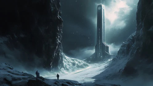 Tall illuminated tower in frozen mountain canyon at night.