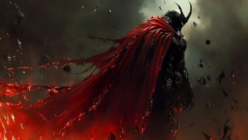 Infernal warlord in molten red cloak amid drifting embers.