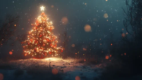 Winter forest Christmas tree glowing in falling snow.