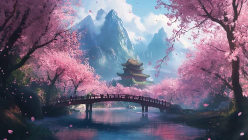 Petal-laden bridge drifts toward a misty mountain temple dream
