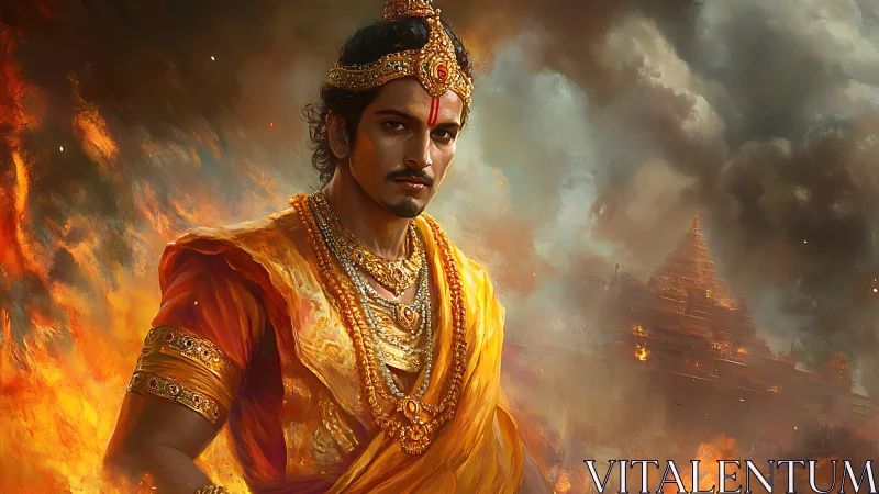 Warrior prince in blazing ruins stands calm amid chaos