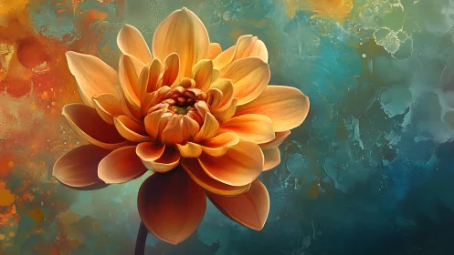 Orange dahlia rendered against contrasting teal background