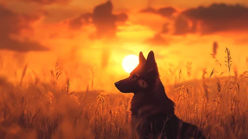 Silhouetted shepherd dog watches burning orange field sunset